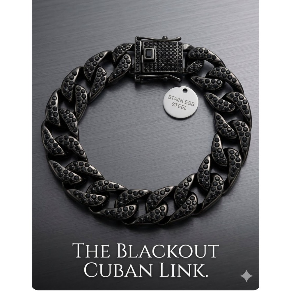 Blackout Cuban Link Bracelet Stainless Steel Iced Out Black‎ Mens Jewelry